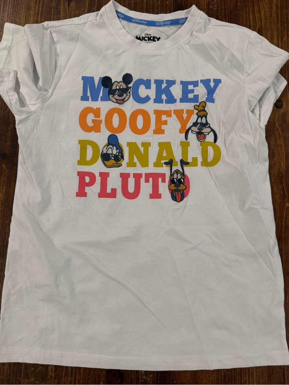 Disney White Tee with Blue, Orange, Yellow & Pink Character Names